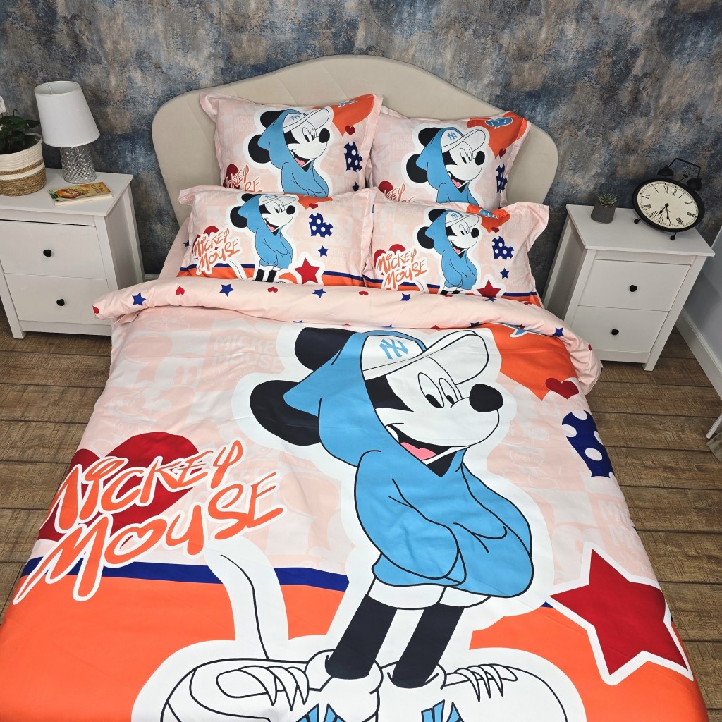 Lenjerie de pat, 2 persoane, imprimeu identic 3D, finet, 6 piese, crem și portocaliu, cu Mickey Mouse, LFD122