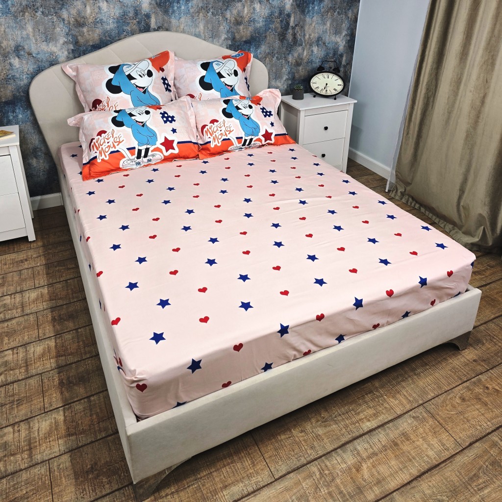 Lenjerie de pat, 2 persoane, imprimeu identic 3D, finet, 6 piese, crem și portocaliu, cu Mickey Mouse, LFD122