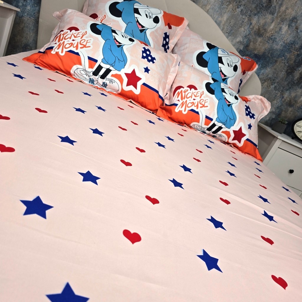 Lenjerie de pat, 2 persoane, imprimeu identic 3D, finet, 6 piese, crem și portocaliu, cu Mickey Mouse, LFD122