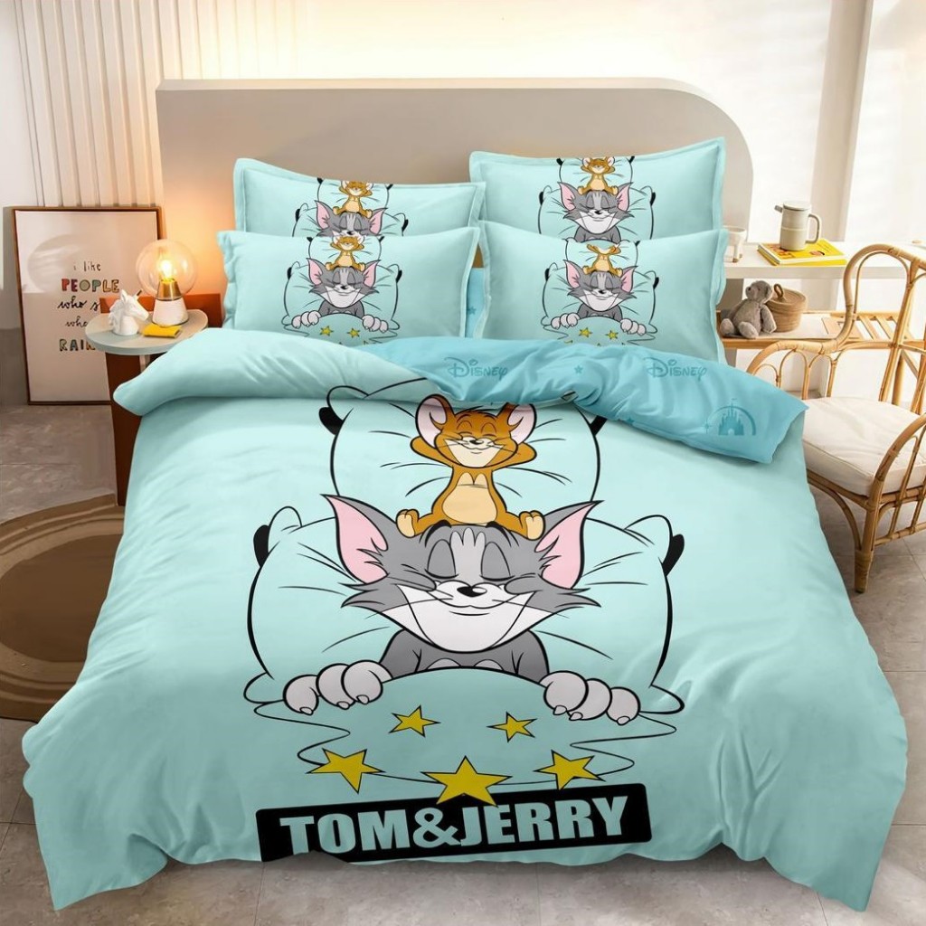 Lenjerie de pat, 2 persoane, imprimeu identic 3D, finet, 6 piese, turcoaz , cu Tom și Jerry, LFD130