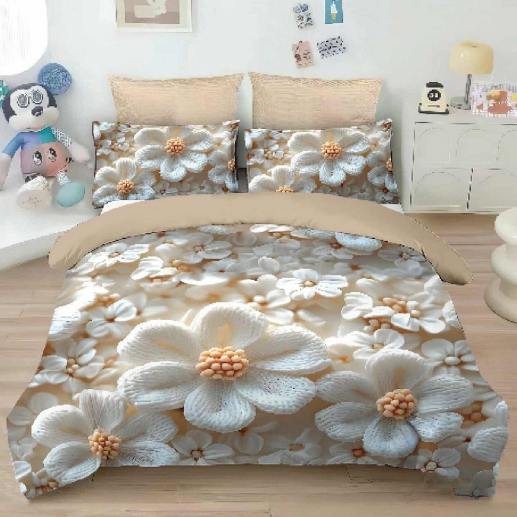 Lenjerie de pat, 2 persoane, imprimeu identic 3D, finet, 6 piese, crem , cu flori albe, LFD144