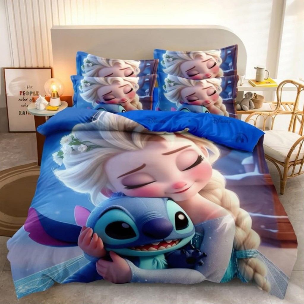 Lenjerie de pat, 2 persoane, imprimeu identic 3D, finet, 6 piese, albastru și alb, cu Stitch, LFD149