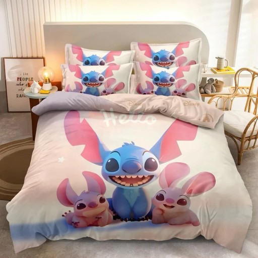 Lenjerie de pat, 2 persoane, imprimeu identic 3D, finet, 6 piese, crem și roz, cu Stitch, LFD150