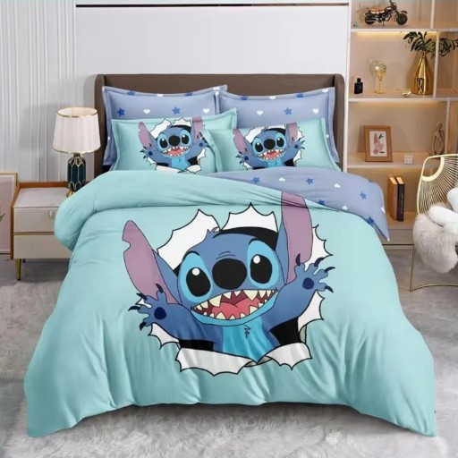 Lenjerie de pat, 2 persoane, imprimeu identic 3D, finet, 6 piese, turcoaz , cu Stitch, LFD151