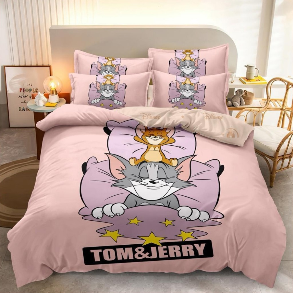 Lenjerie de pat, 2 persoane, imprimeu identic 3D, finet, 6 piese, roz , cu Tom și Jerry, LFD152
