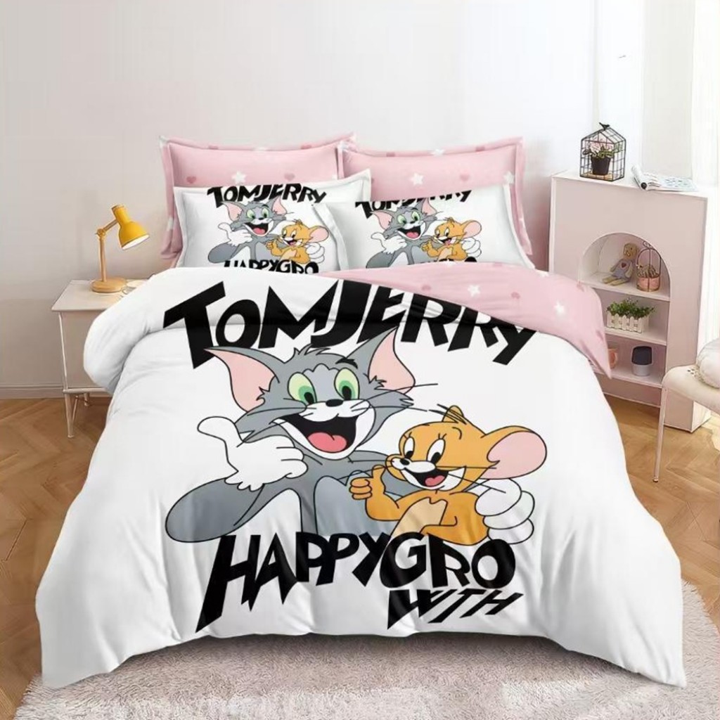Lenjerie de pat, 2 persoane, imprimeu identic 3D, finet, 6 piese, alb și roz, cu Tom și Jerry, LFD153