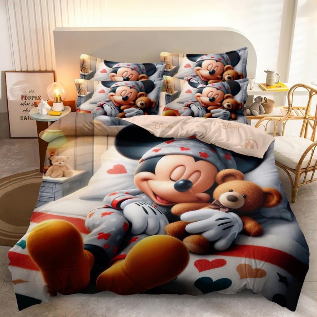 Lenjerie de pat, 2 persoane, imprimeu identic 3D, finet, 6 piese, gri maro, cu Mickey Mousse, LFD154