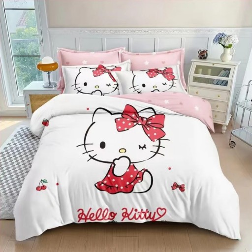 Lenjerie de pat, 2 persoane, imprimeu identic 3D, finet, 6 piese, alb și roz, cu Hello Kitty, LFD155