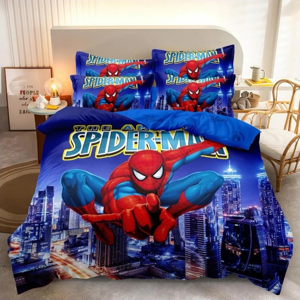 Lenjerie de pat, 2 persoane, imprimeu identic 3D, finet, 6 piese, albastru, cu SpiderMan, LFD156