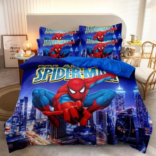 Lenjerie de pat, 2 persoane, imprimeu identic 3D, finet, 6 piese, albastru, cu SpiderMan, LFD156