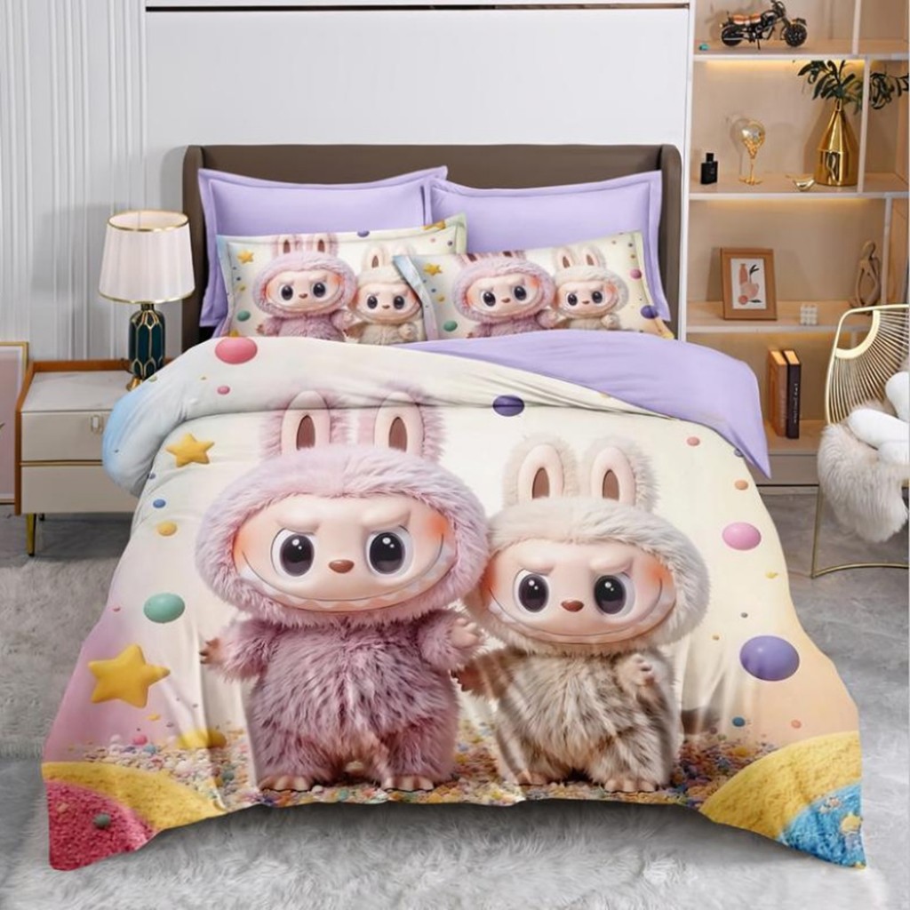 Lenjerie de pat, 2 persoane, imprimeu identic 3D, finet, 6 piese, crem și violet, cu Labubu, LFD157