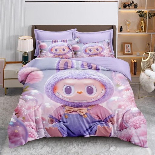 Lenjerie de pat, 2 persoane, imprimeu identic 3D, finet, 6 piese, roz și violet, cu Labubu, LFD158