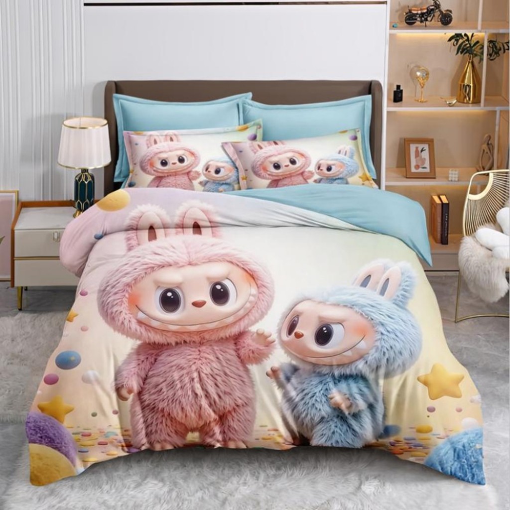 Lenjerie de pat, 2 persoane, imprimeu identic 3D, finet, 6 piese, crem și albastru, cu Labubu, LFD159