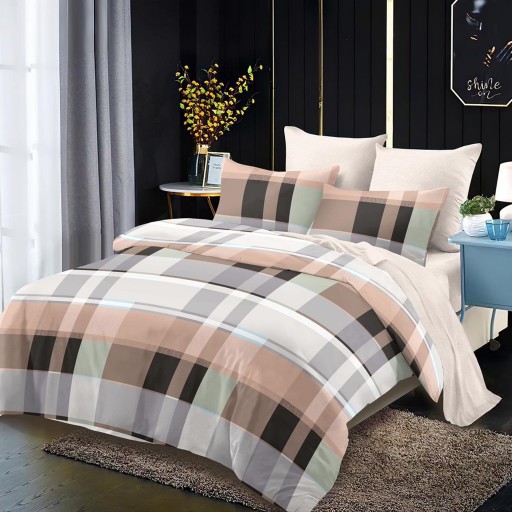 Lenjerie de pat, 2 persoane, finet, 6 piese, crem și maro, cu linii și carouri, LF320