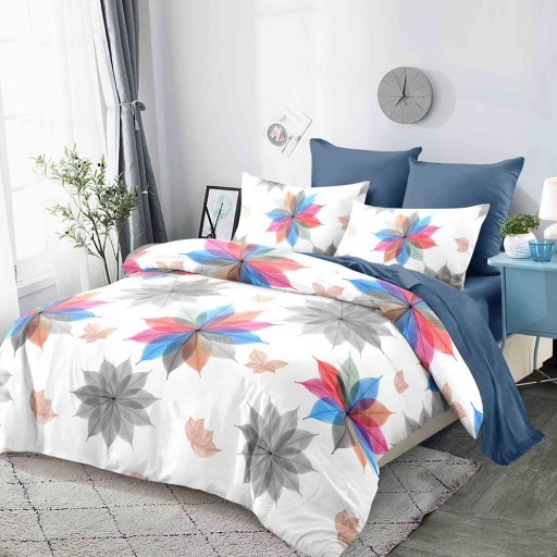 Lenjerie de pat, 2 persoane, finet, 6 piese, albastru și alb, cu frunze multicolore, LF323