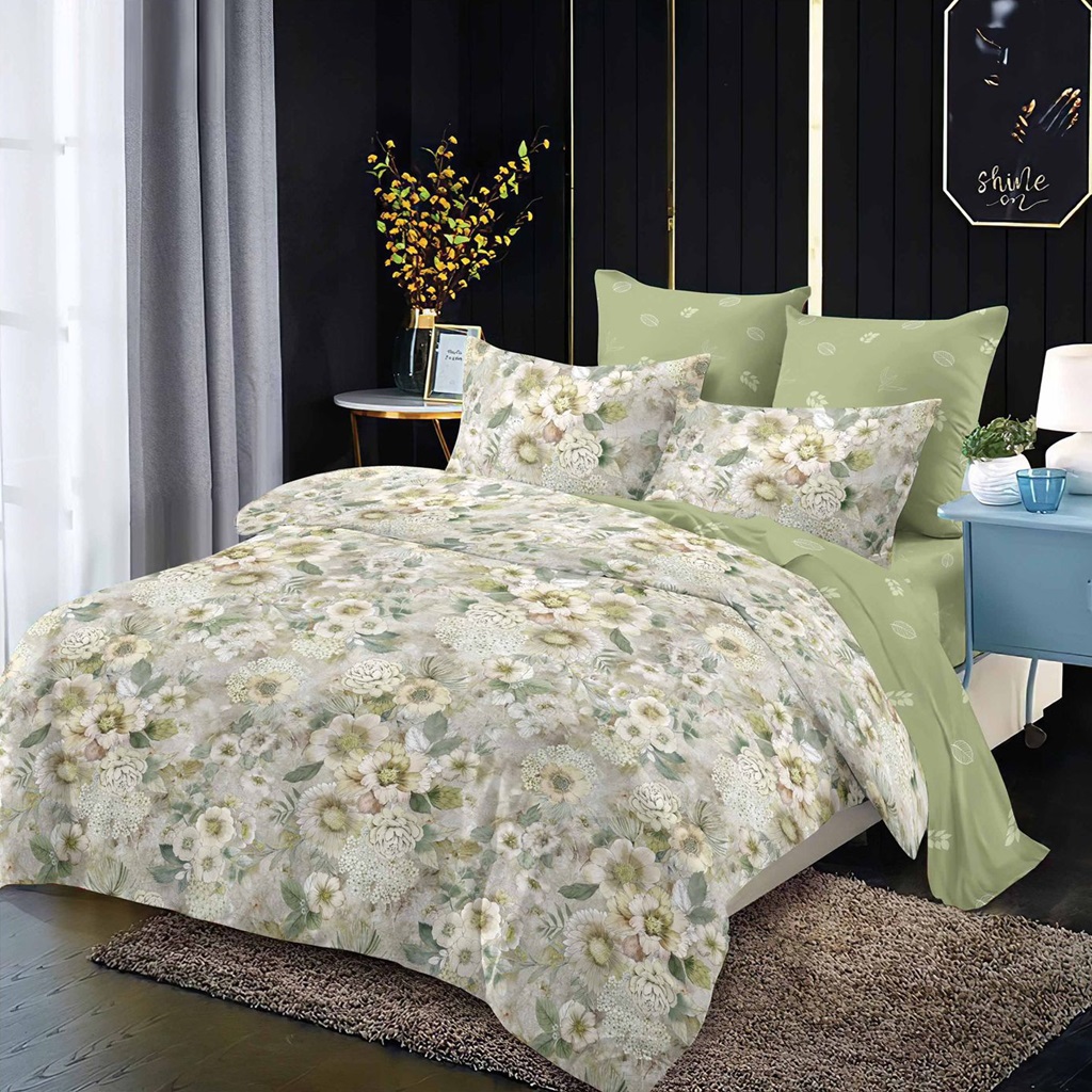 Lenjerie de pat, 2 persoane, finet, 6 piese, verde , cu flori, LF325
