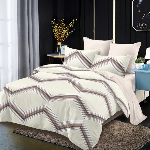 Lenjerie de pat, 2 persoane, finet, 6 piese, crem , cu linii zig zag, LF327