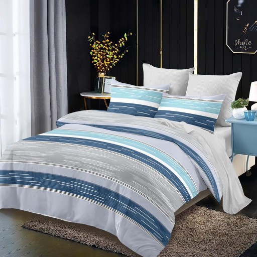 Lenjerie de pat, 2 persoane, finet, 6 piese, gri și albastru, cu linii, LF328