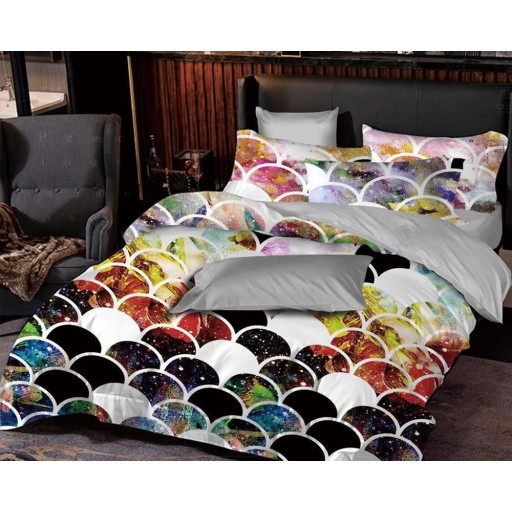 Lenjerie de pat, 2 persoane, finet, 6 piese, multicoloră , imprimeu tip solzi, LF56