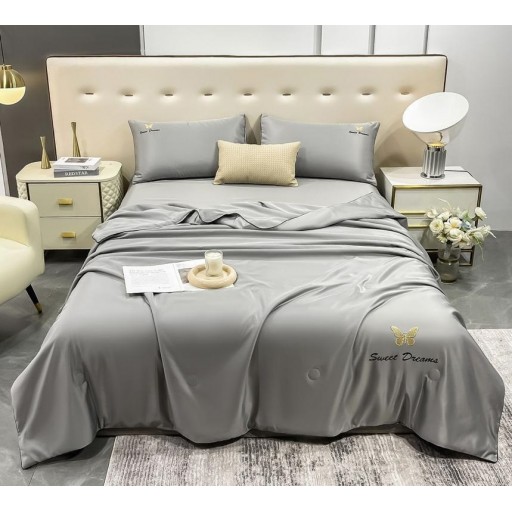 Lenjerie de pat, 2 persoane, set 4 piese, Mătase Satinată, cu pilotă de vară, gri deschis, LFP102