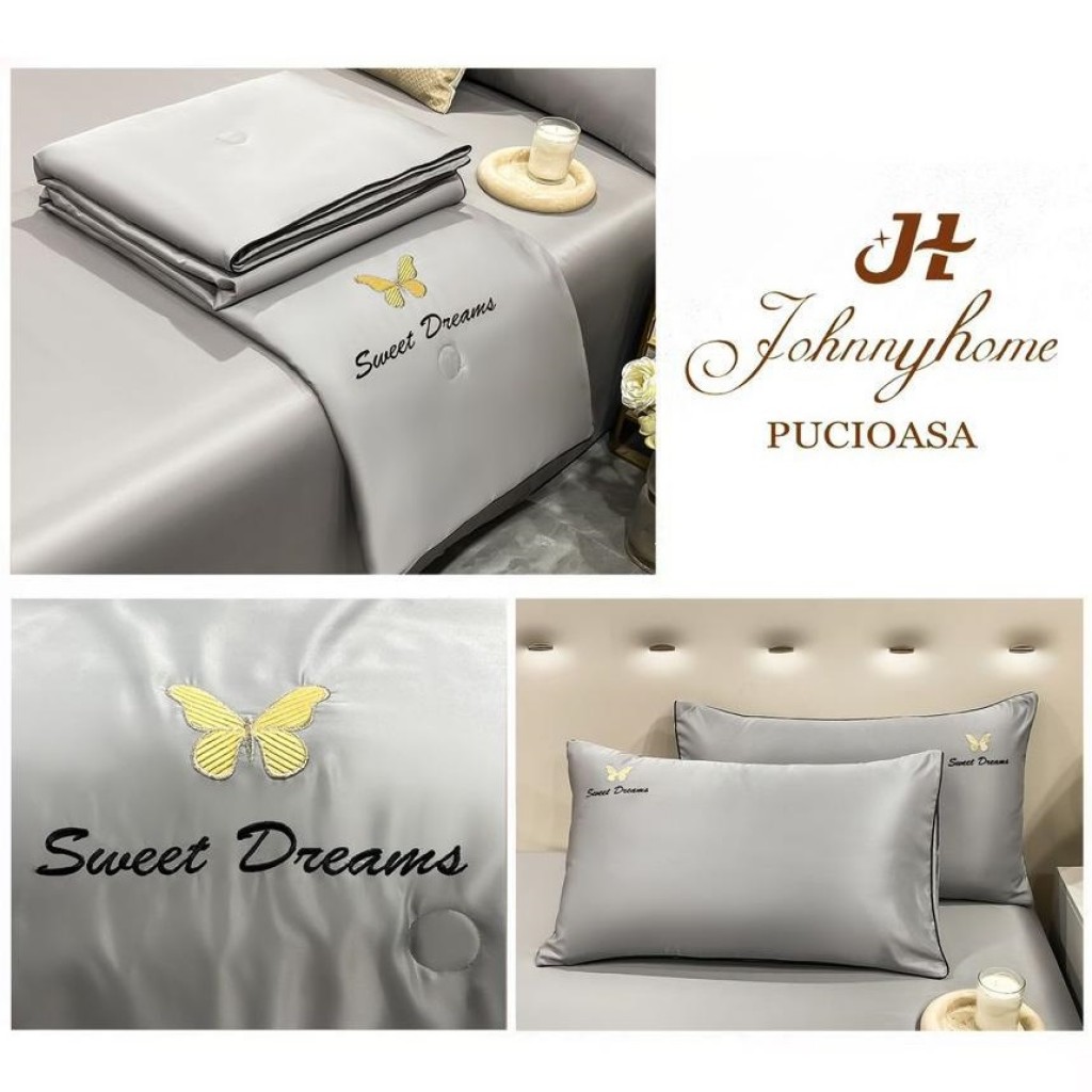 Lenjerie de pat, 2 persoane, set 4 piese, Mătase Satinată, cu pilotă de vară, gri deschis, LFP102