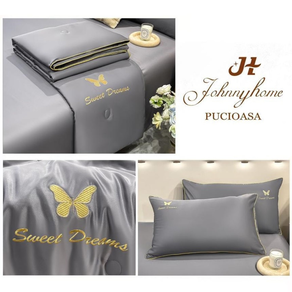 Lenjerie de pat, 2 persoane, set 4 piese, Mătase Satinată, cu pilotă de vară, gri închis, LFP103