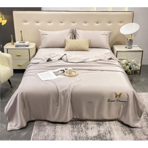 Lenjerie de pat, 2 persoane, set 4 piese, Mătase Satinată, cu pilotă de vară, crem deschis, LFP104