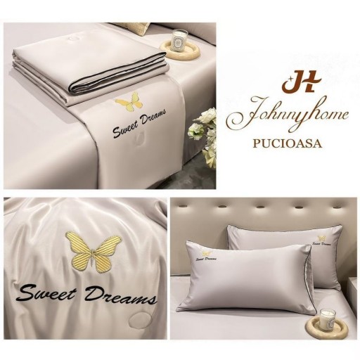 Lenjerie de pat, 2 persoane, set 4 piese, Mătase Satinată, cu pilotă de vară, crem deschis, LFP104