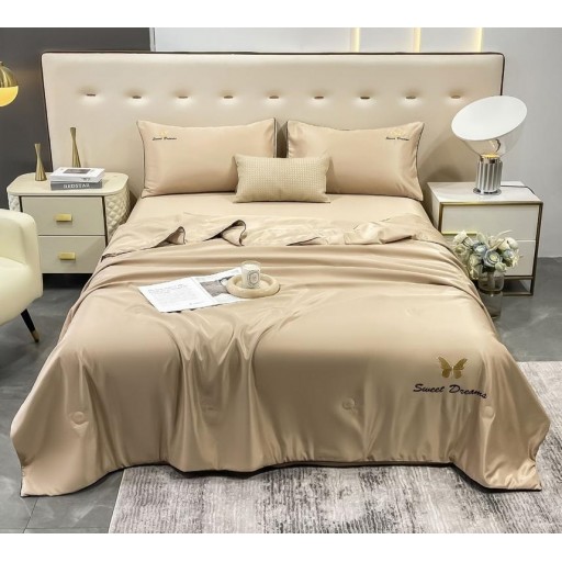 Lenjerie de pat, 2 persoane, set 4 piese, Mătase Satinată, cu pilotă de vară, crem inchis, LFP105