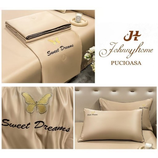 Lenjerie de pat, 2 persoane, set 4 piese, Mătase Satinată, cu pilotă de vară, crem inchis, LFP105