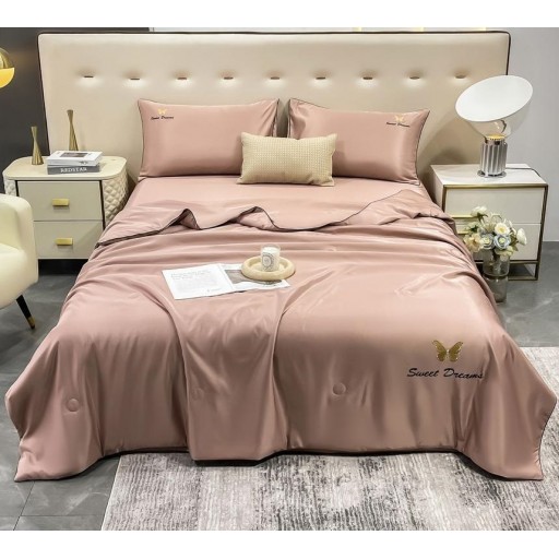 Lenjerie de pat, 2 persoane, set 4 piese, Mătase Satinată, cu pilotă de vară, maro , LFP106