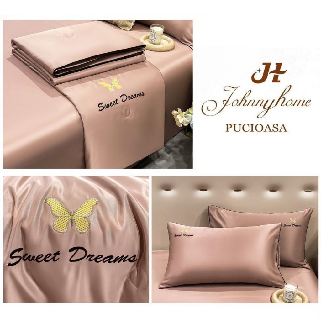 Lenjerie de pat, 2 persoane, set 4 piese, Mătase Satinată, cu pilotă de vară, maro , LFP106