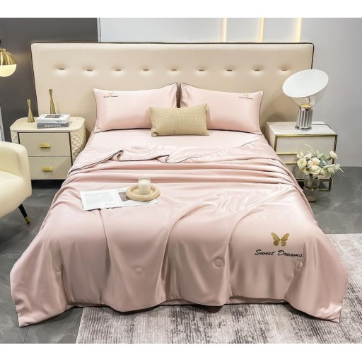 Lenjerie de pat, 2 persoane, set 4 piese, Mătase Satinată, cu pilotă de vară, roz pudrat, LFP107