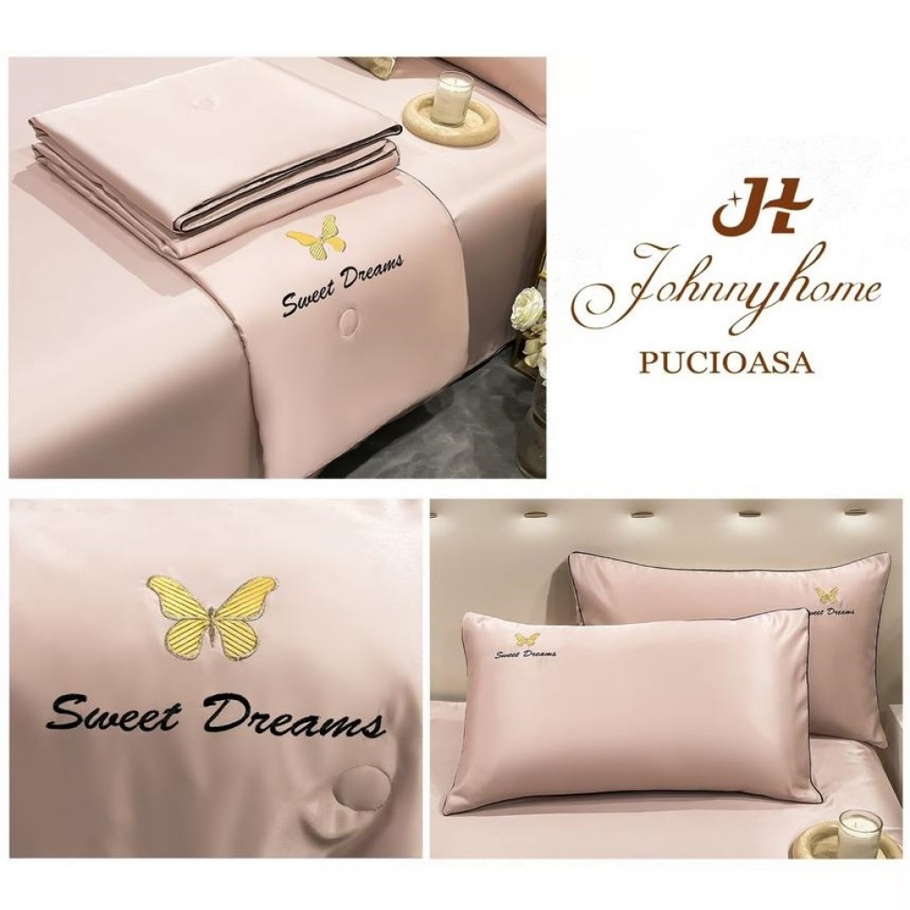 Lenjerie de pat, 2 persoane, set 4 piese, Mătase Satinată, cu pilotă de vară, roz pudrat, LFP107