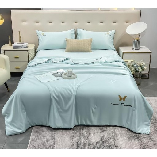 Lenjerie de pat, 2 persoane, set 4 piese, Mătase Satinată, cu pilotă de vară, albastru deschis, LFP108