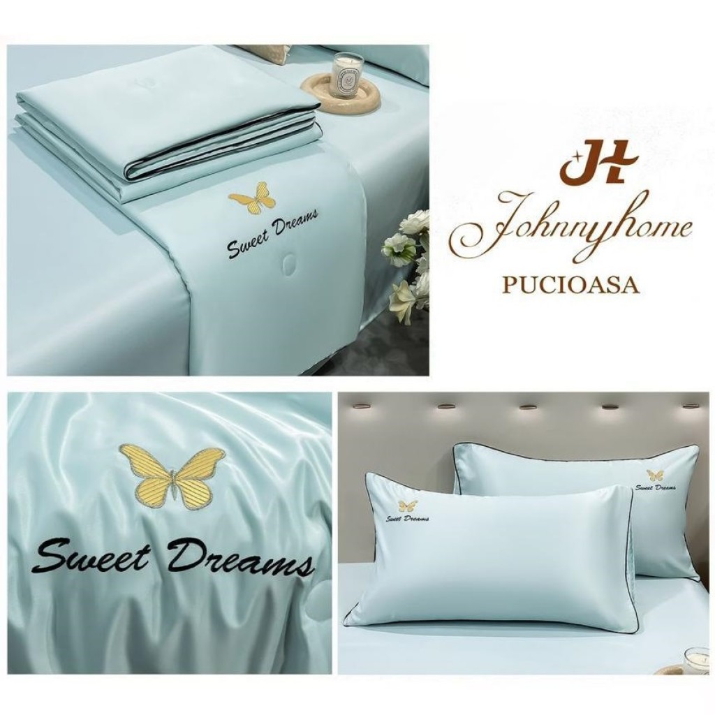 Lenjerie de pat, 2 persoane, set 4 piese, Mătase Satinată, cu pilotă de vară, albastru deschis, LFP108