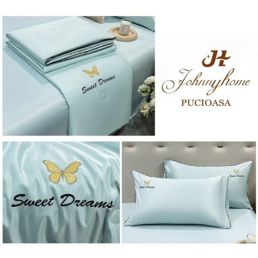 Lenjerie de pat, 2 persoane, set 4 piese, Mătase Satinată, cu pilotă de vară, albastru deschis, LFP108