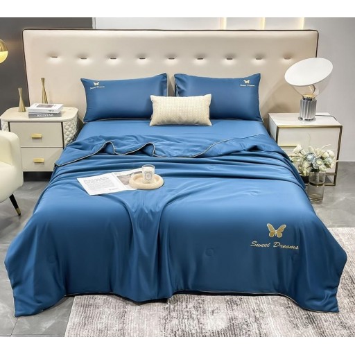 Lenjerie de pat, 2 persoane, set 4 piese, Mătase Satinată, cu pilotă de vară, albastru închis, LFP110