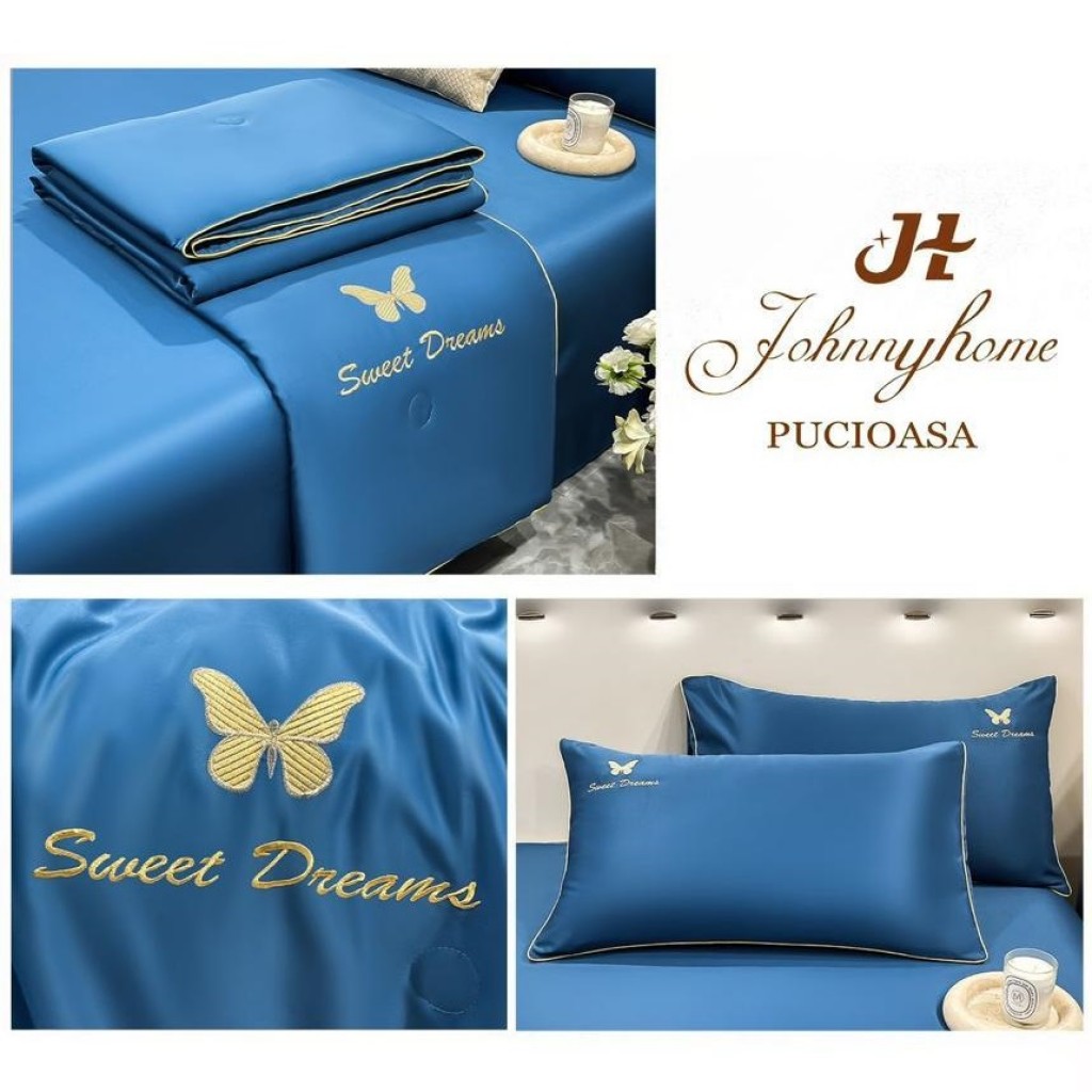 Lenjerie de pat, 2 persoane, set 4 piese, Mătase Satinată, cu pilotă de vară, albastru închis, LFP110