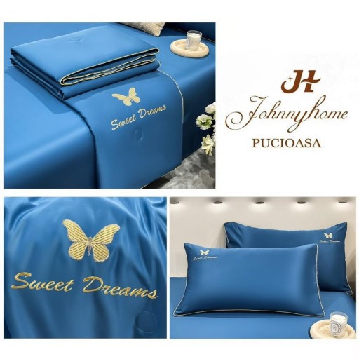 Lenjerie de pat, 2 persoane, set 4 piese, Mătase Satinată, cu pilotă de vară, albastru închis, LFP110