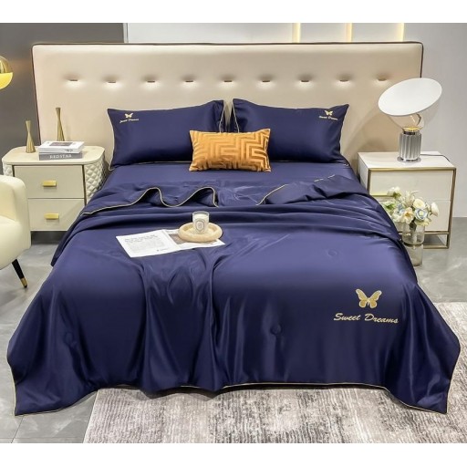 Lenjerie de pat, 2 persoane, set 4 piese, Mătase Satinată, cu pilotă de vară, albastru bleumarin, LFP111