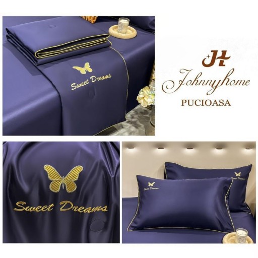 Lenjerie de pat, 2 persoane, set 4 piese, Mătase Satinată, cu pilotă de vară, albastru bleumarin, LFP111