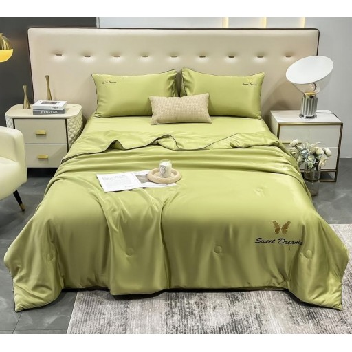 Lenjerie de pat, 2 persoane, set 4 piese, Mătase Satinată, cu pilotă de vară, verde deschis, LFP112