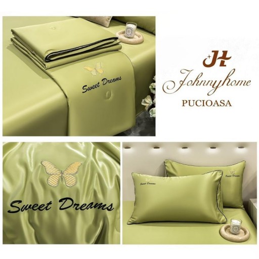 Lenjerie de pat, 2 persoane, set 4 piese, Mătase Satinată, cu pilotă de vară, verde deschis, LFP112