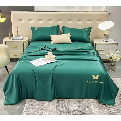 Lenjerie de pat, 2 persoane, set 4 piese, Mătase Satinată, cu pilotă de vară, verde , LFP113