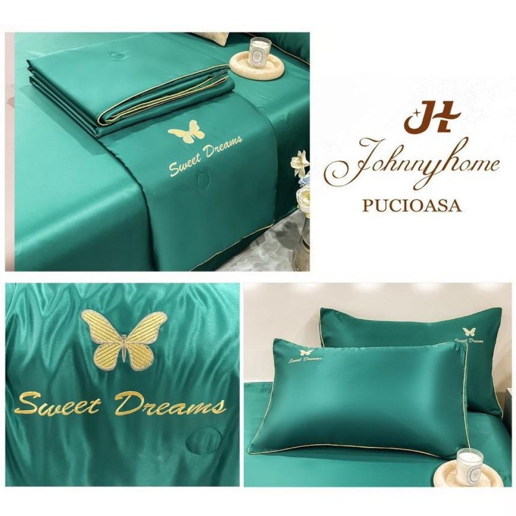 Lenjerie de pat, 2 persoane, set 4 piese, Mătase Satinată, cu pilotă de vară, verde , LFP113