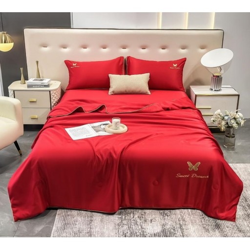 Lenjerie de pat, 2 persoane, set 4 piese, Mătase Satinată, cu pilotă de vară, roșu , LFP114