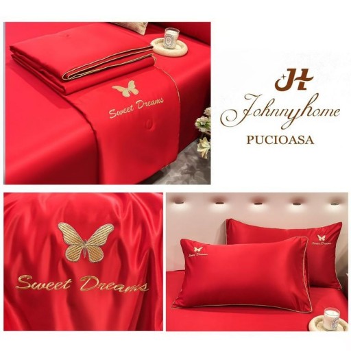 Lenjerie de pat, 2 persoane, set 4 piese, Mătase Satinată, cu pilotă de vară, roșu , LFP114