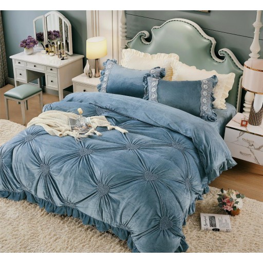 Lenjerie de pat, catifea, 2 persoane, 4 piese, UniDeluxe cu pliuri inimă, 180x200cm, gri , LFC905