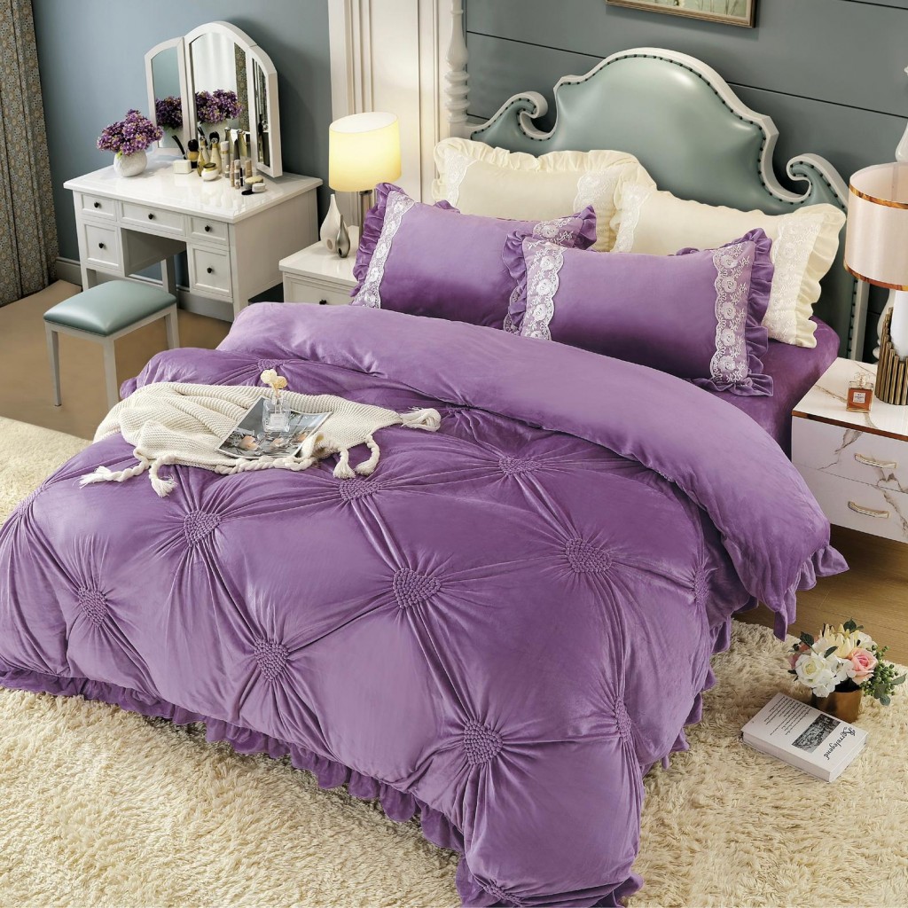 Lenjerie de pat, catifea, 2 persoane, 4 piese, UniDeluxe cu pliuri inimă, 180x200cm, mov , LFC907